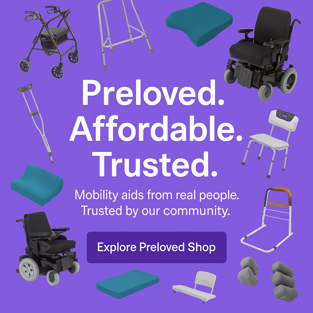 A graphic for a preowned mobility aid online store called the "Preloved Shop". Pictures of various different mobility aids surround large white text which reads "Preloved. Affordable. Trusted." In smaller white text below "Mobility aids from real people. Trusted by our community.", & a purple button that reads "Explore Preloved Shop".