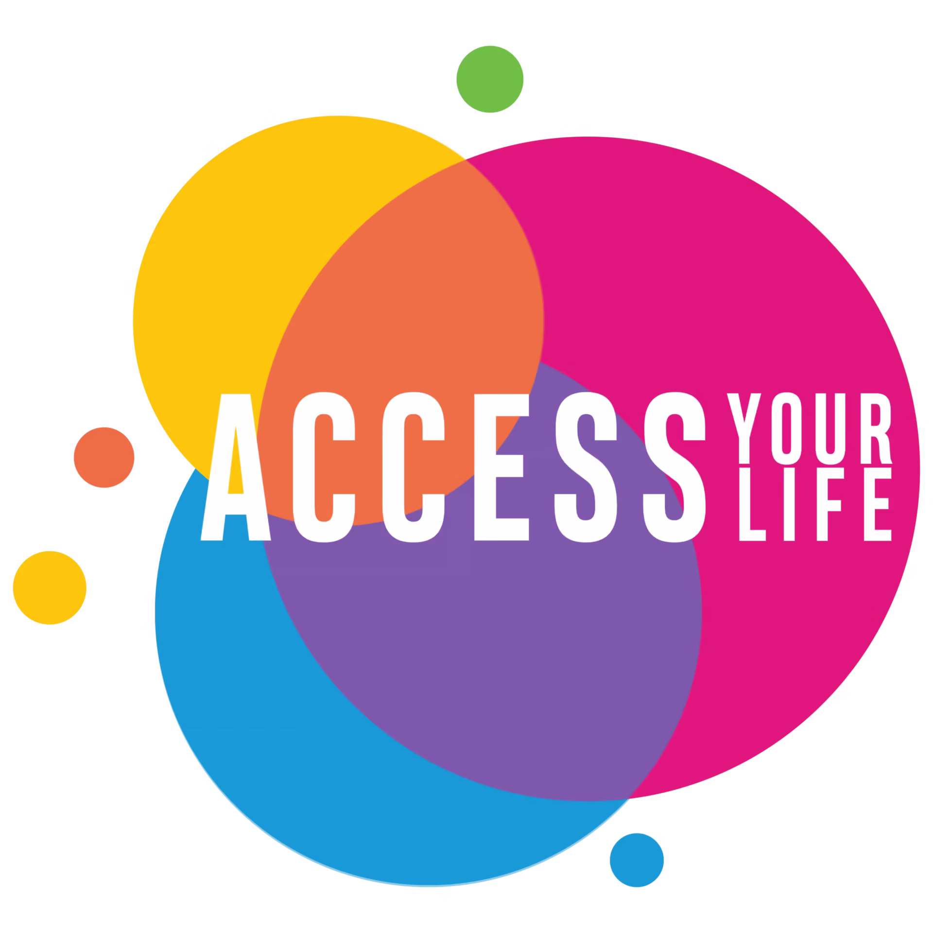 An 'Access Your Life' Logo, consisting of three large overlapping circles, in both warm & cold colours, loosely resembling the outline of a wheelchair. Several much smaller circles surround the larger circles & the words 'Access Your Life' in bold, uppercase, white text, are written in the centre of the logo.