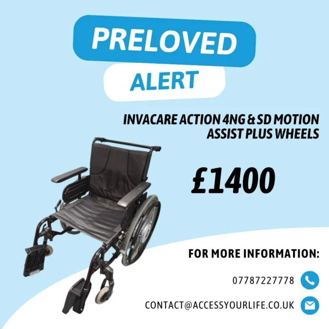 🦼 Preloved Product Alert - Invacare Action 4NG & SD Motion Assist  Plus Wheels🦼

This pre-owned manual wheelchair comes with a power add-on system with wheels which also includes a rigid cushion. Each element of the package has a complete manual. The chair has been kept up to a very high standard and maintained.

Condition: Nearly New 
Cost: £1400

For more information or to inquire with the seller, please get in touch! ⬇️

Image Description: An advert promoting a preloved manual wheelchair with a power add-on system with wheels.  The product name, price, and AYL’s contact information are displayed in black text against a light blue background.